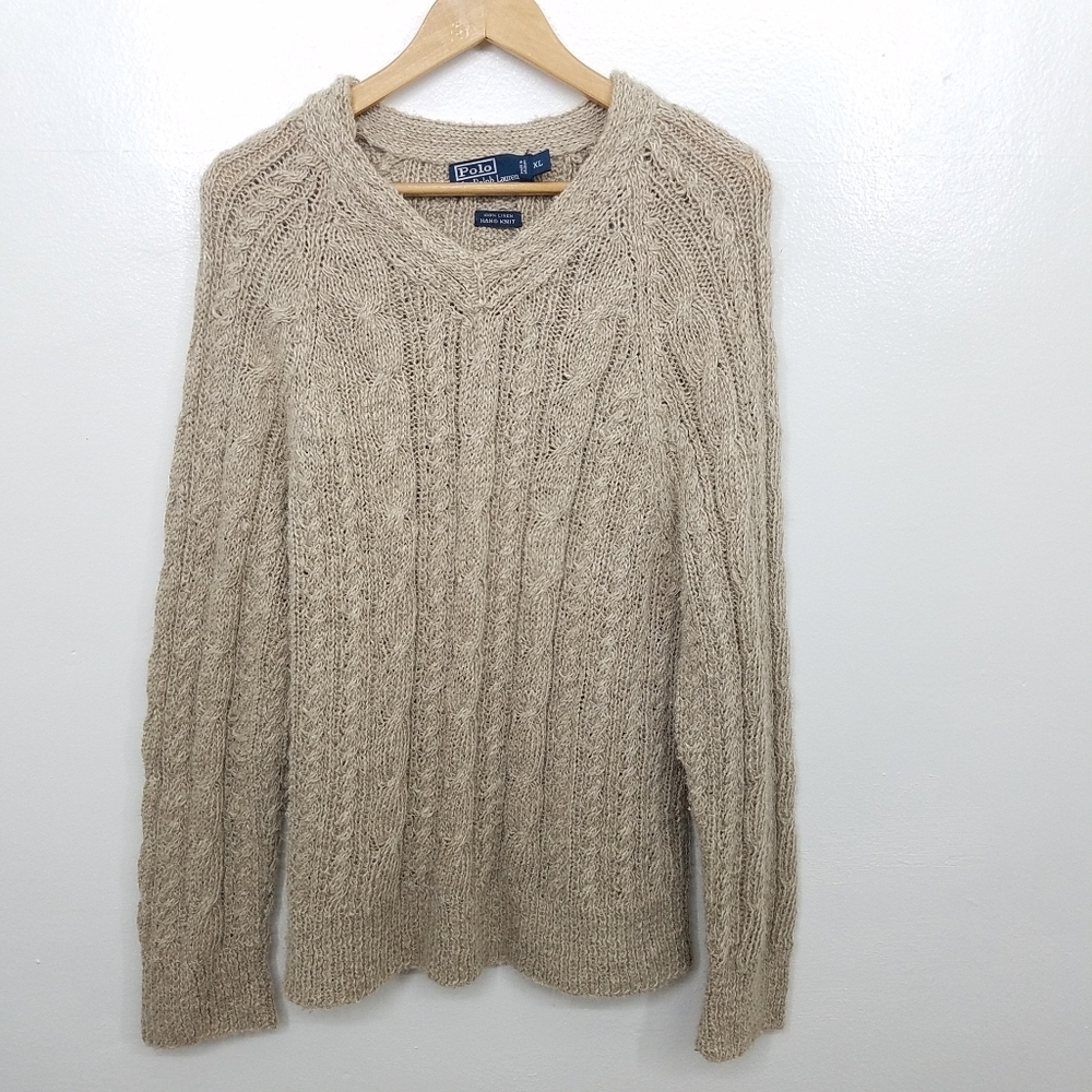 Vtg Polo By Ralph Lauren 100% Linen Hand Knit Beige Neutral V-Neck Sweater XL